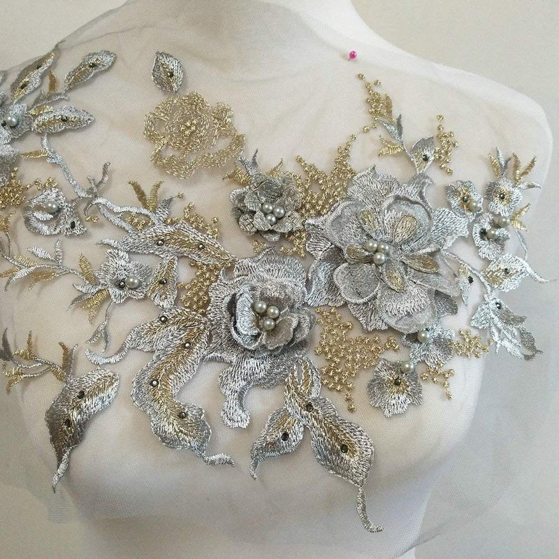 FEEPOP 3D Embroidered Patches Nail Bead Tulle Applique Flower Patch for Clothing Wedding Dress Lace C Fabric DIY Decoration (Gray) - Image 2